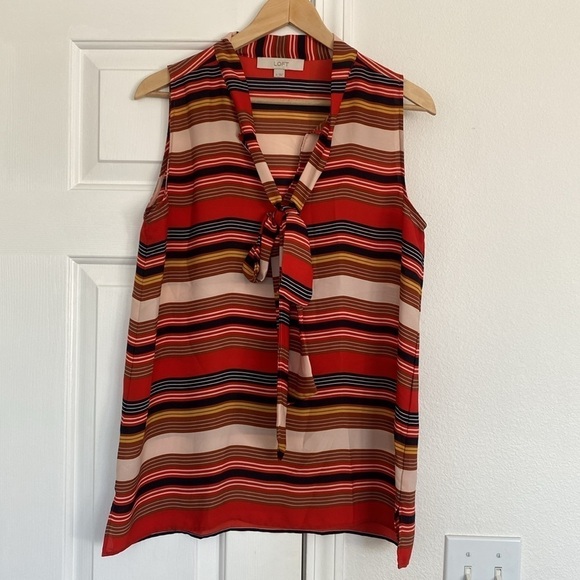 LOFT sleeveless stripped blouse with tie neck. - Picture 1 of 10